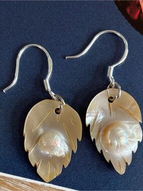 Blister Pearl Earrings, Leaf Shape, 925 Earwires